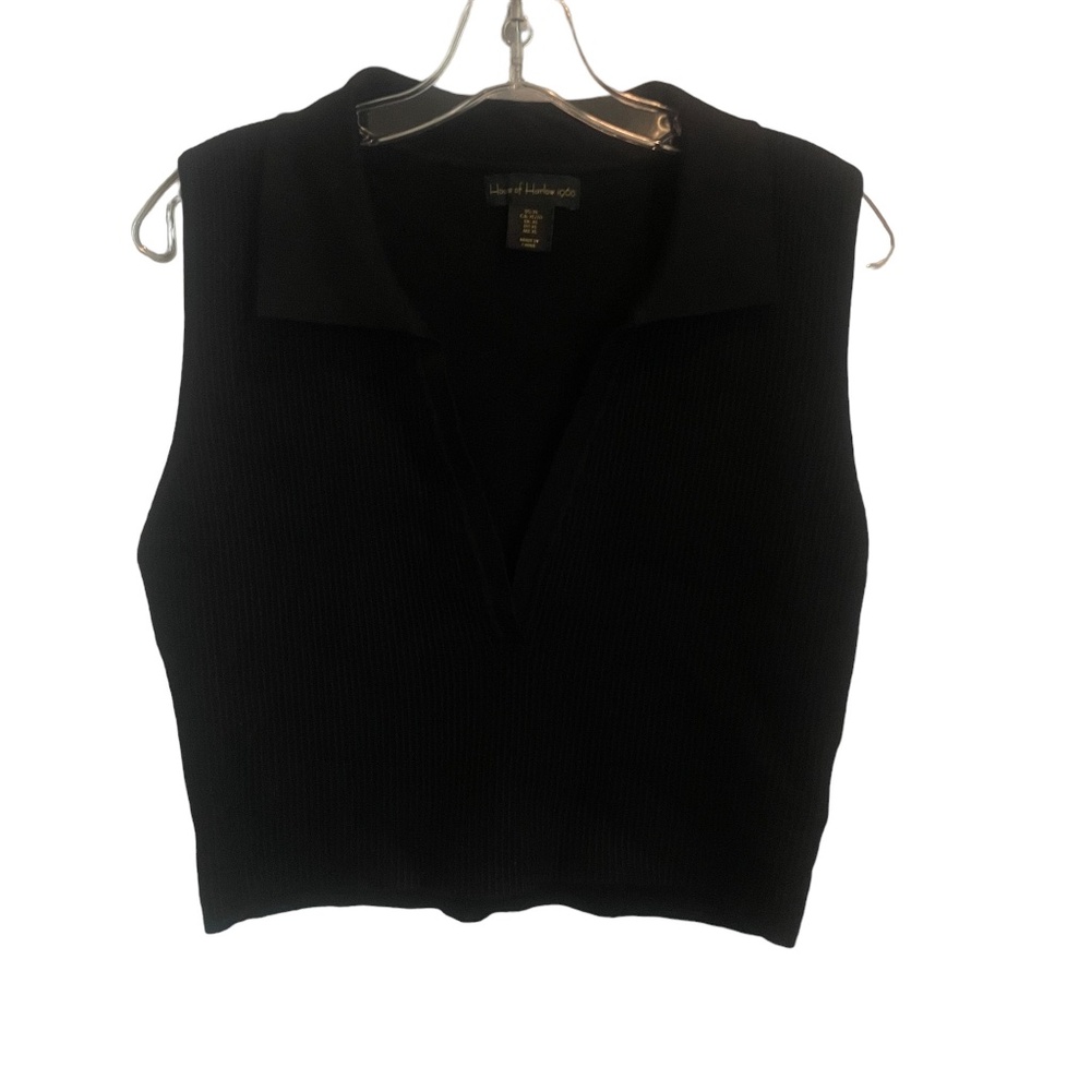 House Of Harlow 1960 XL Black‎ Knit Crop Top Colloared Sleeveless Rayon Blend